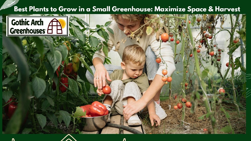 Small backyard greenhouse with sunlight filtering through glass panels, filled with thriving leafy greens, vertical tomato plants, potted basil and thyme, and hanging strawberries, surrounded by a neat garden and gardening tools — ideal for home gardening inspiration